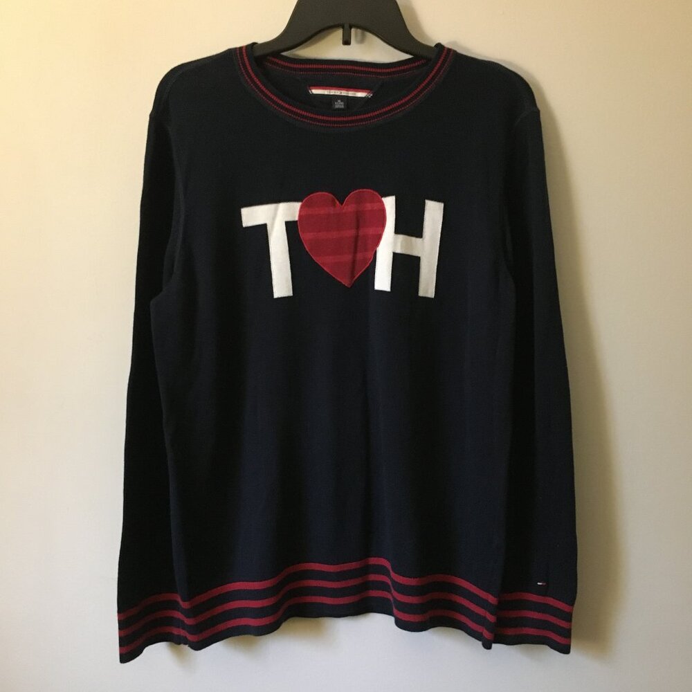 Preppy Varsity Tommy Hilfiger Dark Navy Blue & Red Heart Sweater - XL